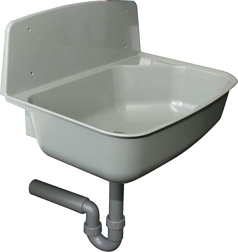 A gray sink with a drain pipe attached, shown against a white background.