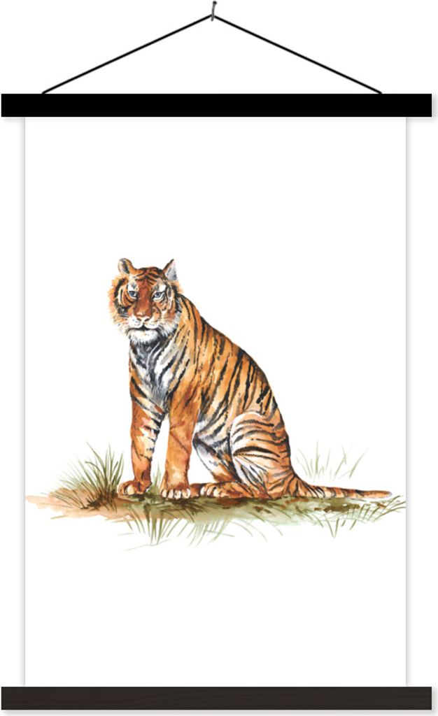 MuchoWow Textilposter Tiger - Weiß - Gras 40x60 cm mit schwarzem Rahmen - Wanddekorationen