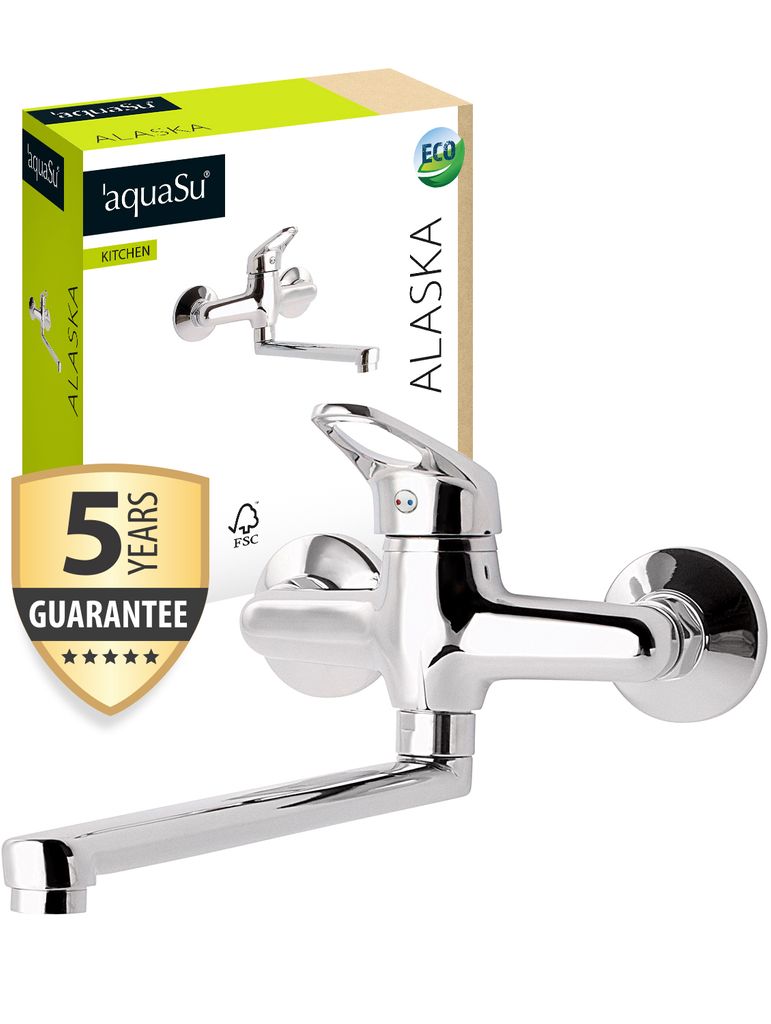'aquaSu Küchenarmatur Alaska, Wasserhahn Küche, Spültischarmatur zur Aufputz-Wandmontage, langer Auslauf schwenkbar, Einhebelmischer für Spü...