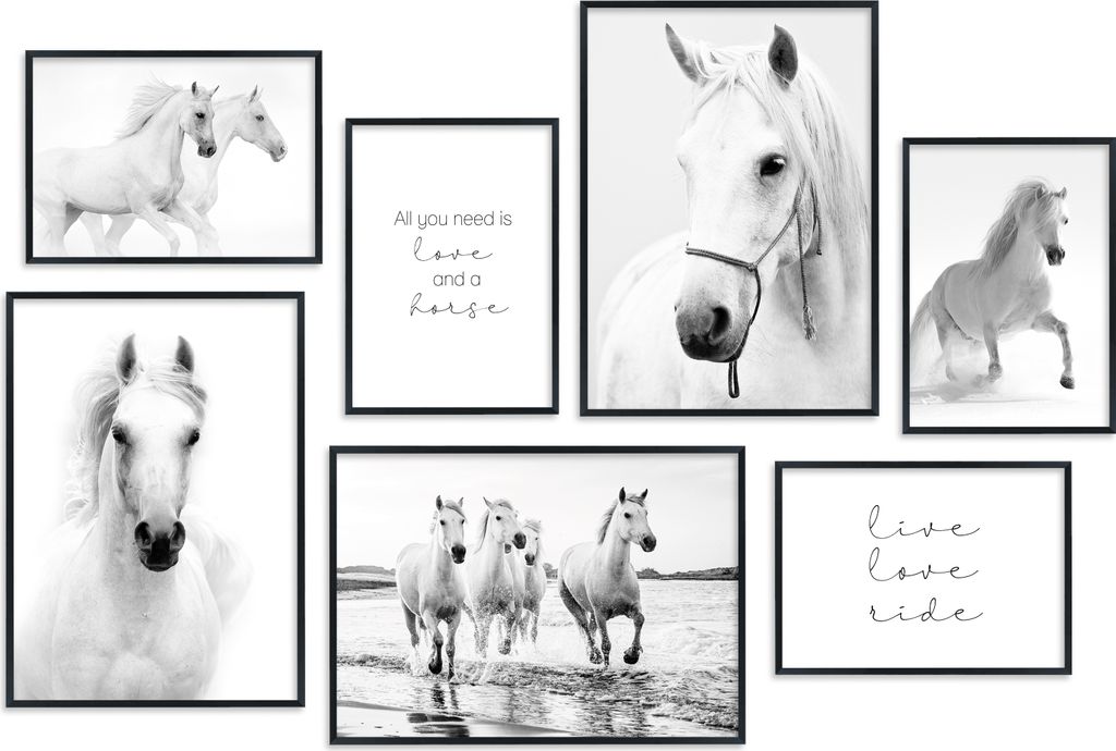 Hyggelig Home Premium Poster Set - 7 passende Bilder OHNE RAHMEN - Pferde schwarz weiss Mädchen Pony Schimmel Wandbilder für Wohnzimmer Kinderzim...