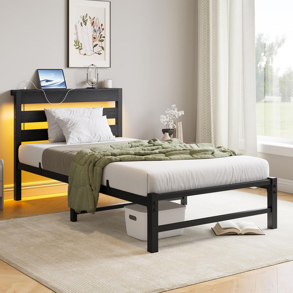 MODFU Metallbett 90x200 Bettgestell mit 2 USB-Anschlüsse,Einzelbett mit LED und Stauraum unter dem Bett,Bettrahmen mit Ablagefläche am Kopfteil,o...