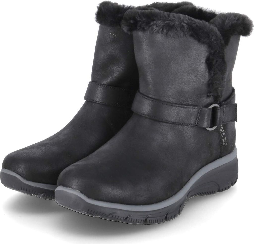 A pair of black Skechers women's boots with faux fur trim and a buckle strap.