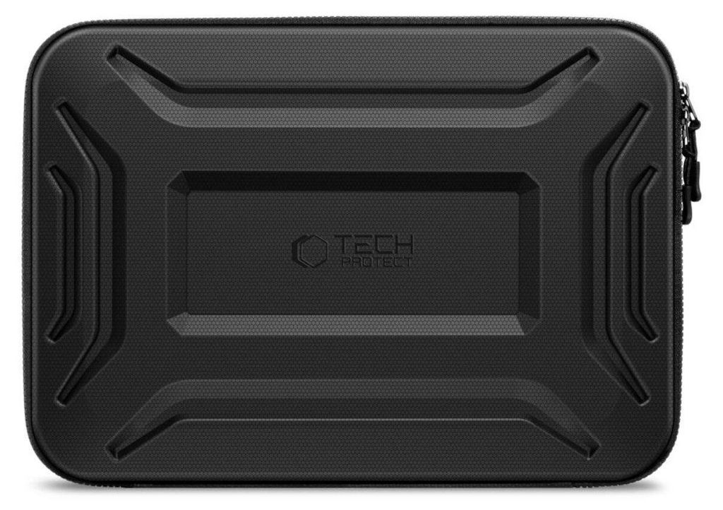 A black laptop bag with a textured surface and a prominent logo in the center.