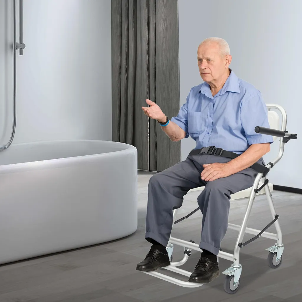 Chaise de douche pliable anti-chute avec roulettes - Aluminium 150kg