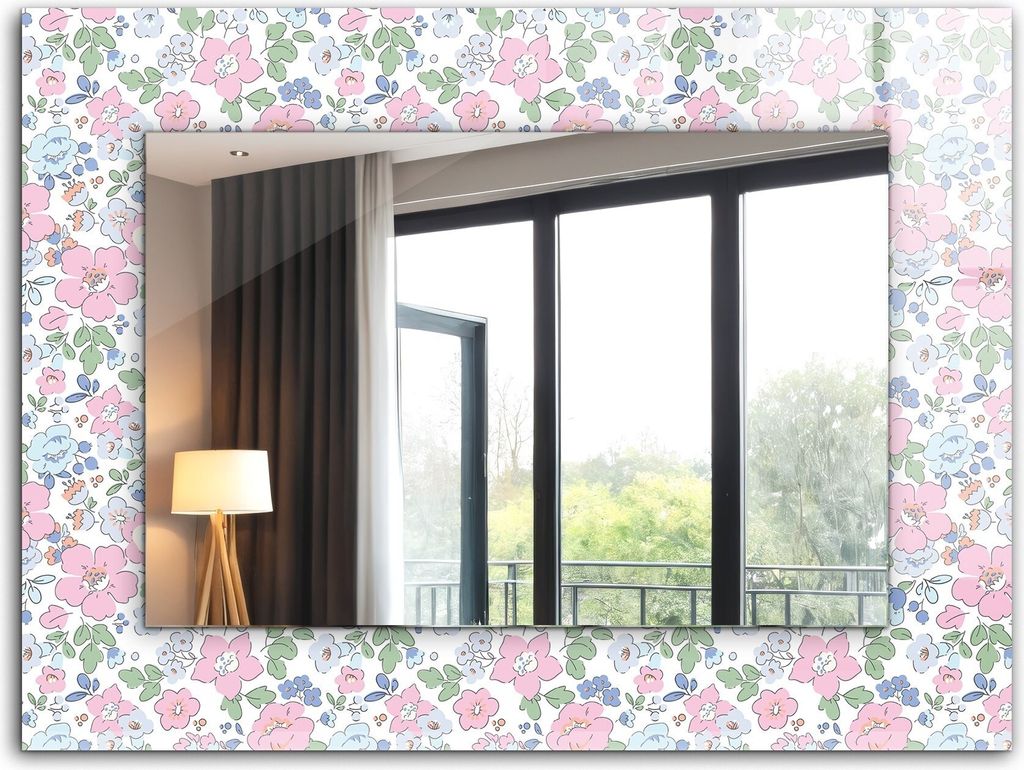 Dekorativer Wandspiegel - Bedruckter Spiegel - Motiv - 80x60 cm - Blumenmuster Aus Stoff
