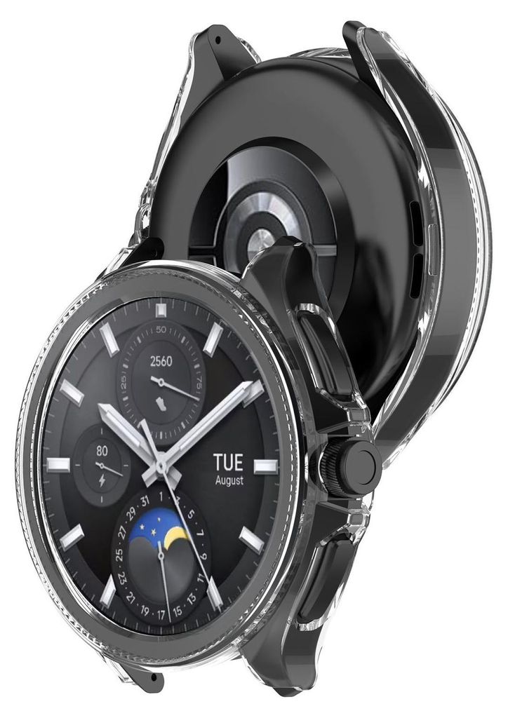 A transparent protective case is shown covering a smartwatch.