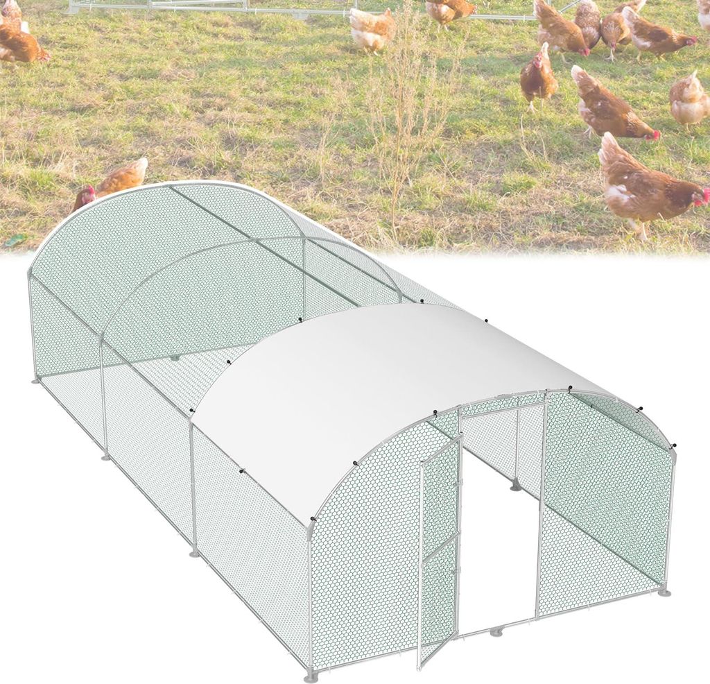 TRMLBE Hühnerstall 3x6 m Hühner Freilaufgehege Bogen Dach Verzinkter Stahl Rohr Hühnerhaus mit Sonnenschutz PE-Dach & Tür & Schloss Kleintierge...