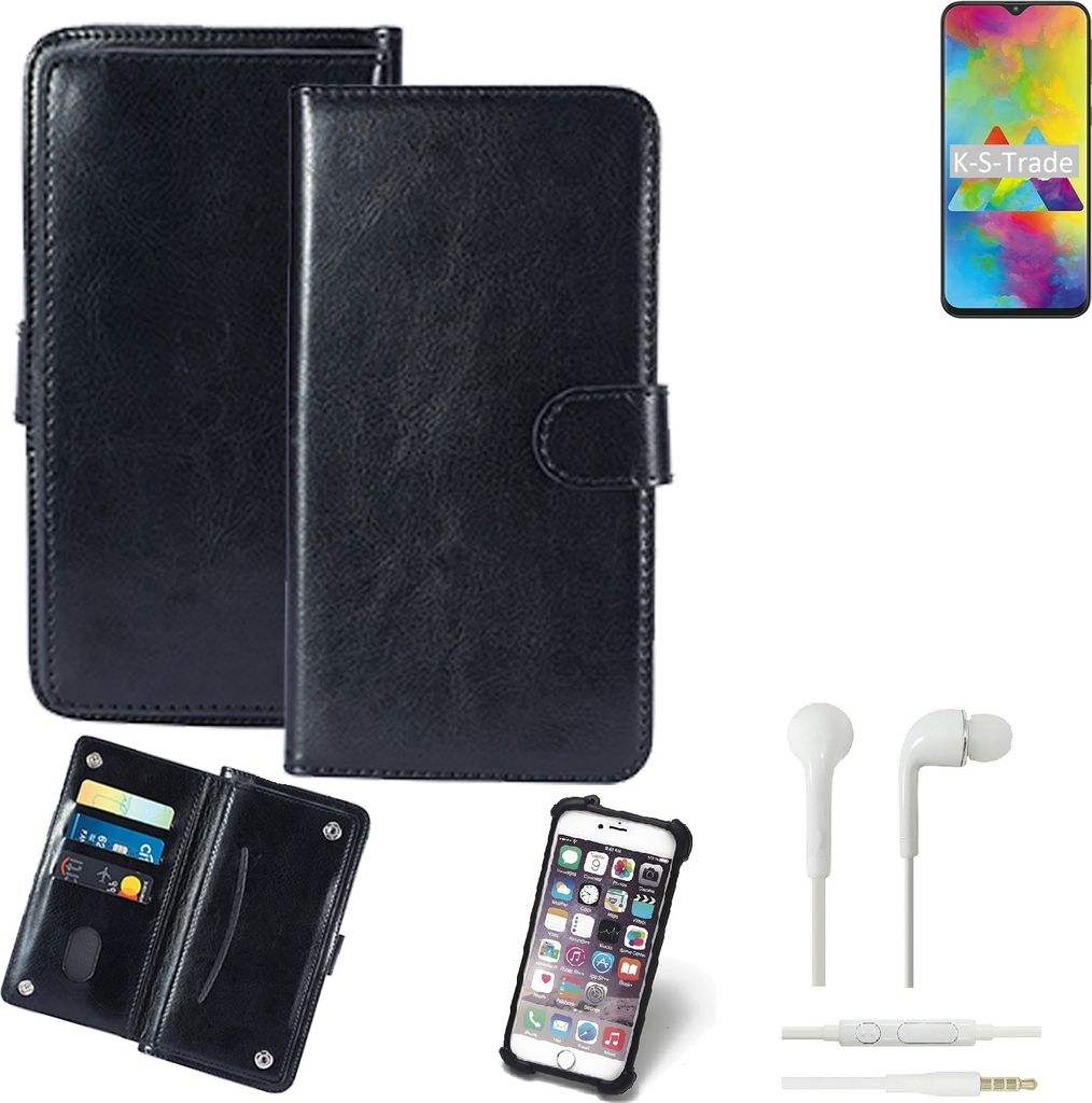 K-S-Trade 360° Hülle kompatibel mit Samsung Galaxy M20 inkl. Headphones schwarz Kunstleder Case BookCase WalletCase Kunstlederederhülle