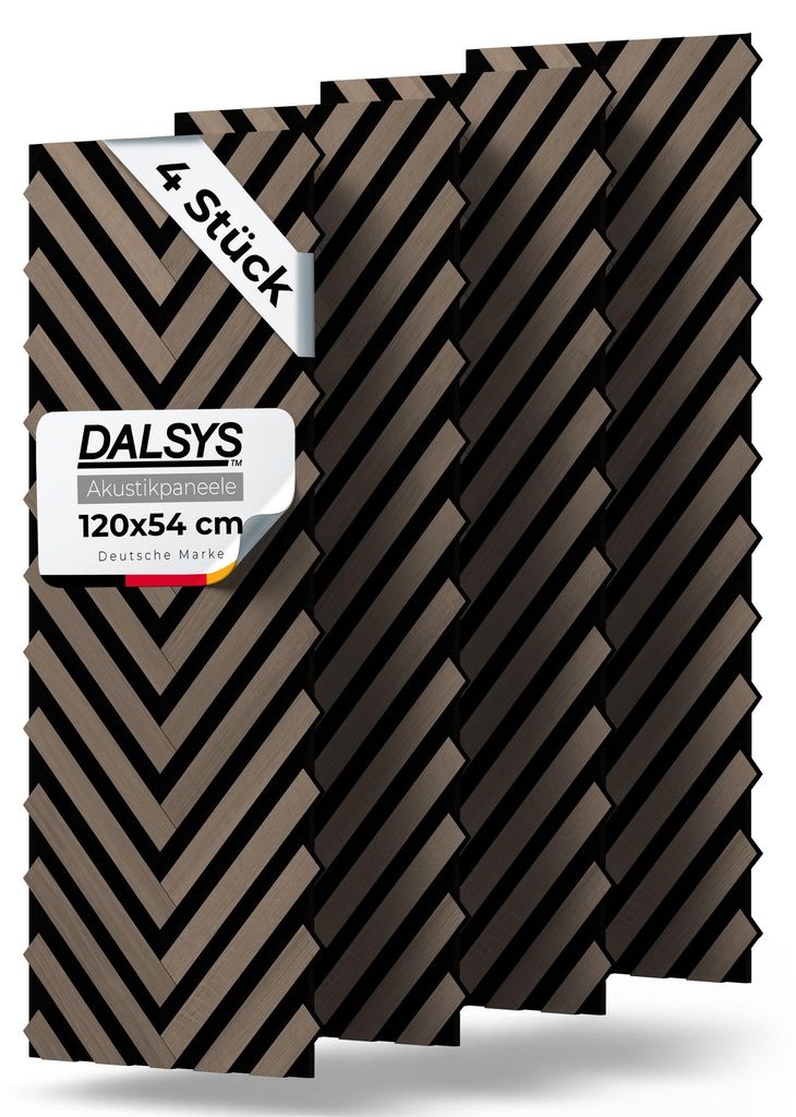 Dalsys 4x Akustikpaneele Holz 120x54cm mit Fischgrät-Muster Walnuss - Akustik Paneele Wand - Wandpaneele Holz für Schallschutz in Büro & Wohnrä...