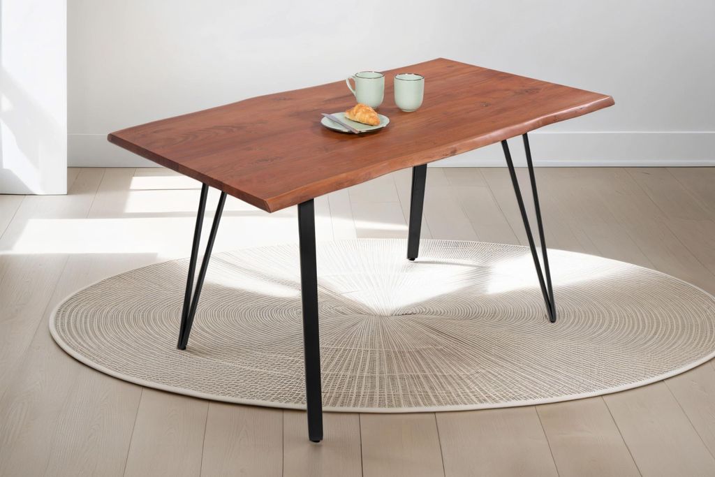 Baumkantentisch 140x80 cm Celia, Akazienholz nussbaumfarben + massiv, echte Baumkante, Esstisch aus Massivholz, Esszimmertisch mit Metallgestell Sc...