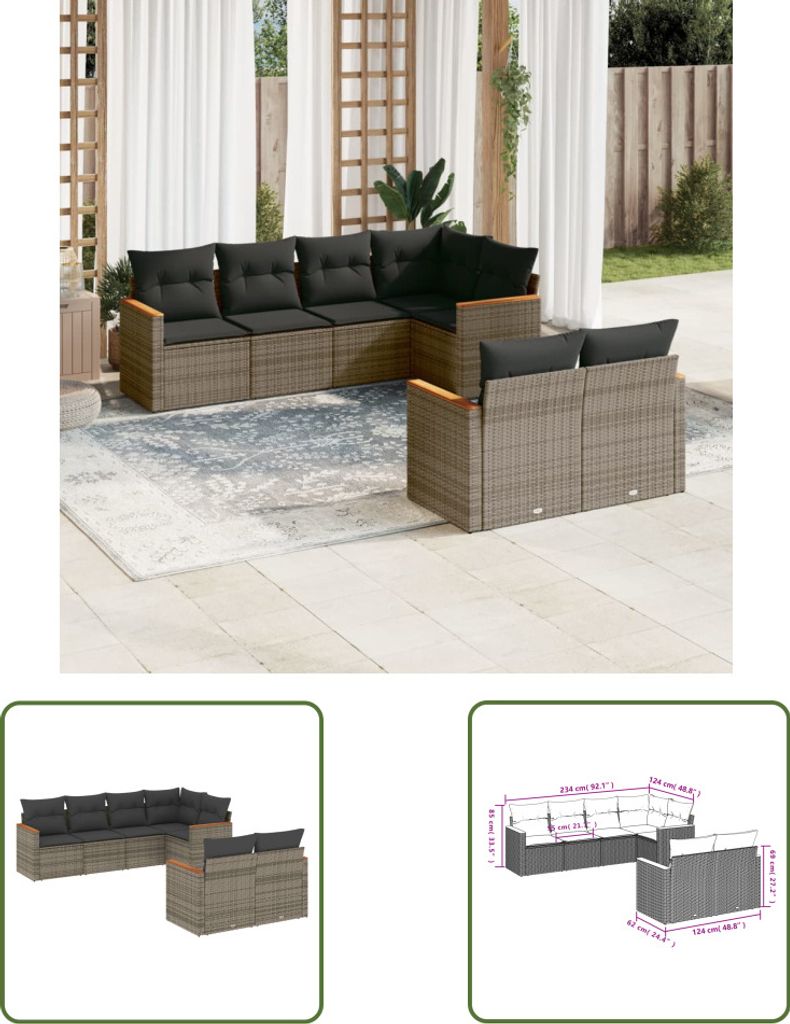 The Living Store 7-tlg. Garten-Sofagarnitur mit Kissen Grau Poly Rattan