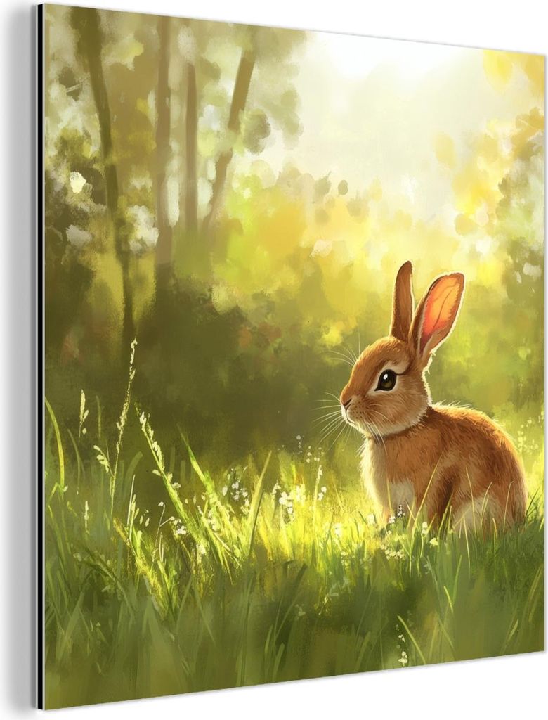 MuchoWow Wanddekoration Metall Metallbild Wandkunst 20x20 cm Kaninchen - Sonnenlicht - Wald MuchoWow Aluminium Gemälde - Alu Dibond Bilder