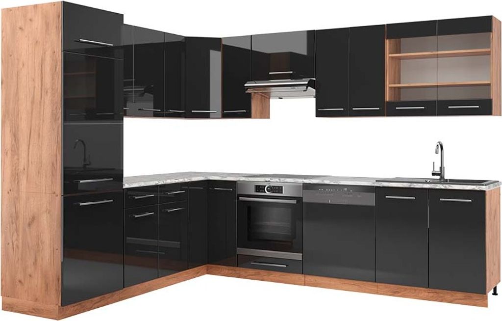 Eckküche Vicco Fame-Line Anthrazit Hochglanz/Goldkraft Eiche 227 x 60 cm , AP Marmor, Model 42273