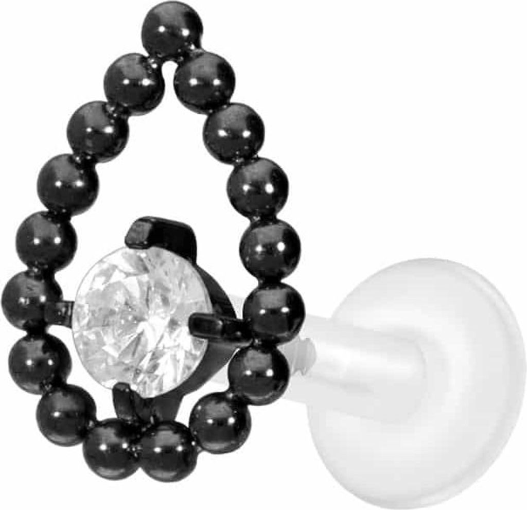 Ohrpiercing, Nasenpiercing PTFE Labret mit Innengewinde + Titan-Aufsatz TROPFEN + KRISTALL Schwarz Stablänge: 8mm | Stabstärke: 1,6mm