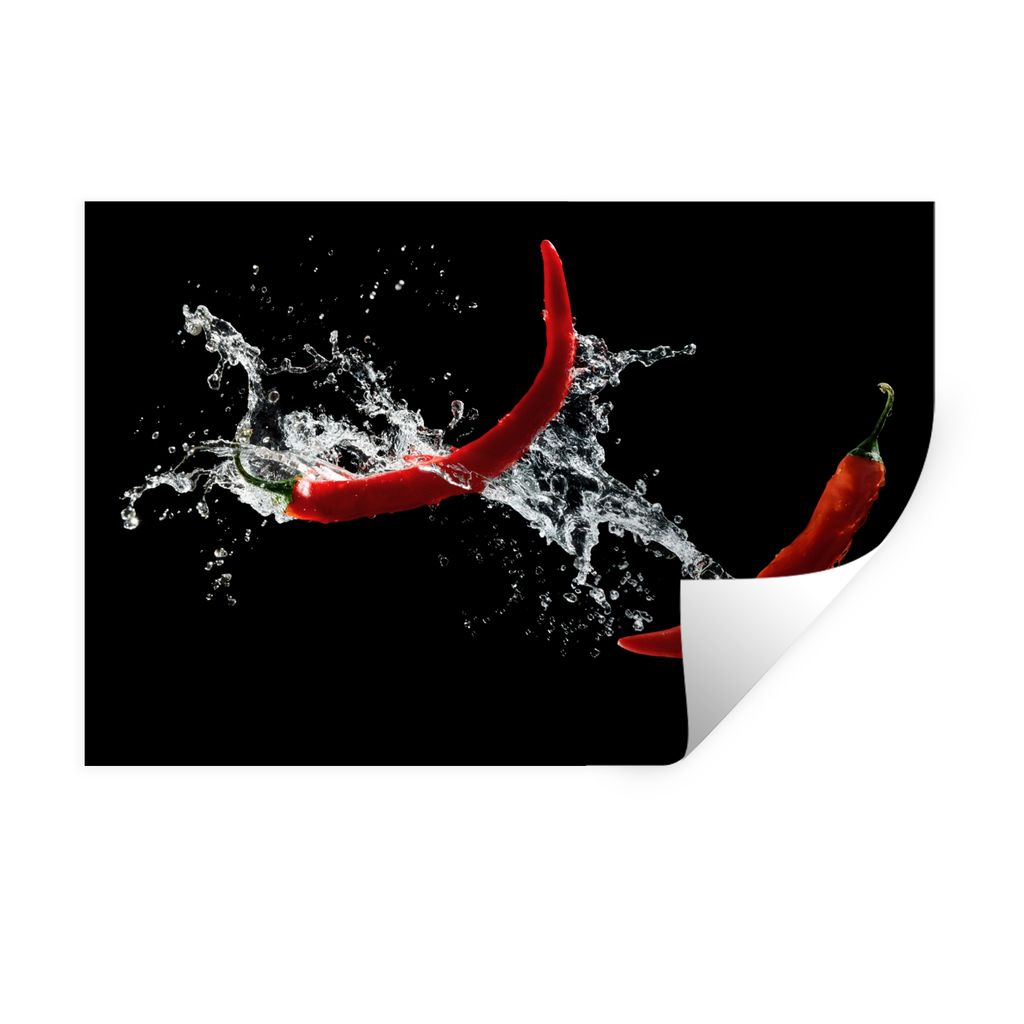 MuchoWow Wandtattoo Wandsticker Wandaufkleber Chilischote - Stilleben - Wasser - Schwarz - Rot 120x80 cm Selbstklebend und Repositionierbar - Sel...