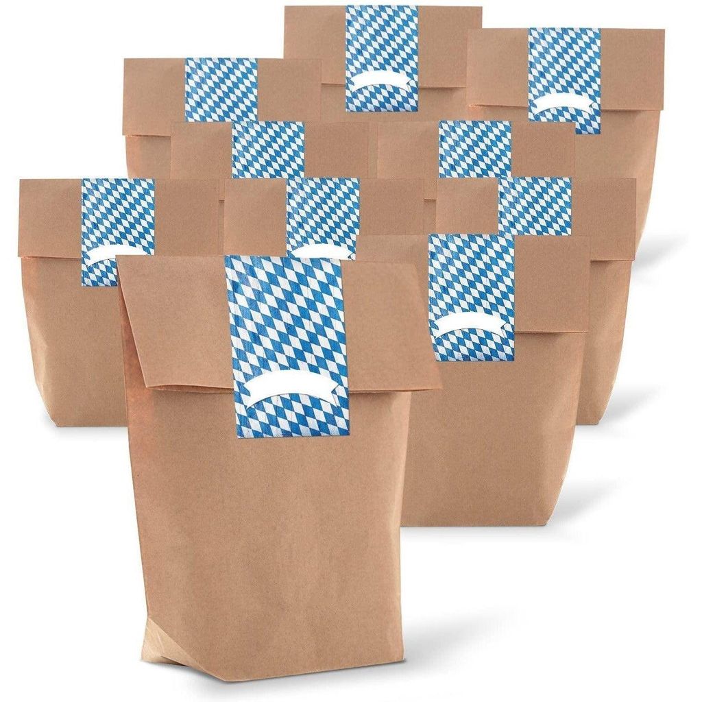 25 kleine braune Geschenktüten Papier-Tüten + beschreibbare Aufkleber Sticker Bayern blau weiße kariert 14 x 22 x 5,6 cm Verpackung Geschenk bay...