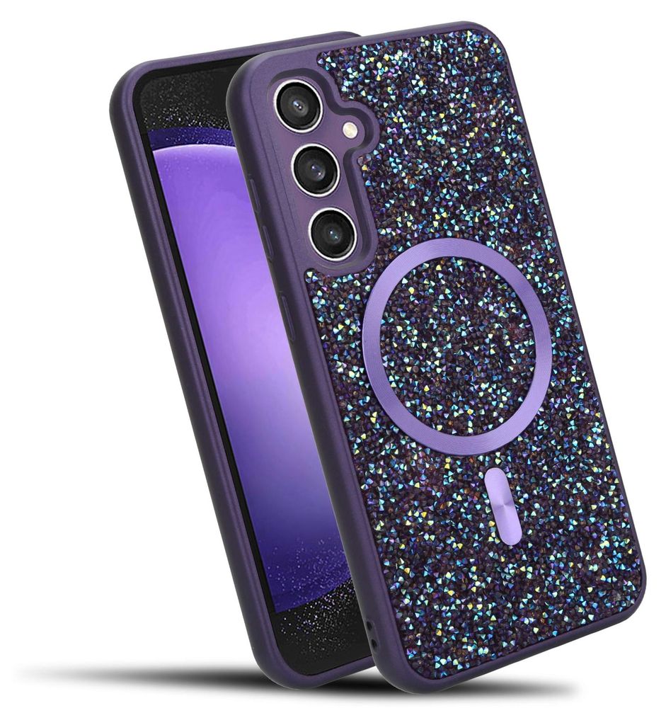 Cadorabo Hülle für Samsung Galaxy S23 FE Hülle Glitzer kompatibel mit MagSafe in LILA magnetische Handyhülle Sparkle Diamond für Samsung Galax...