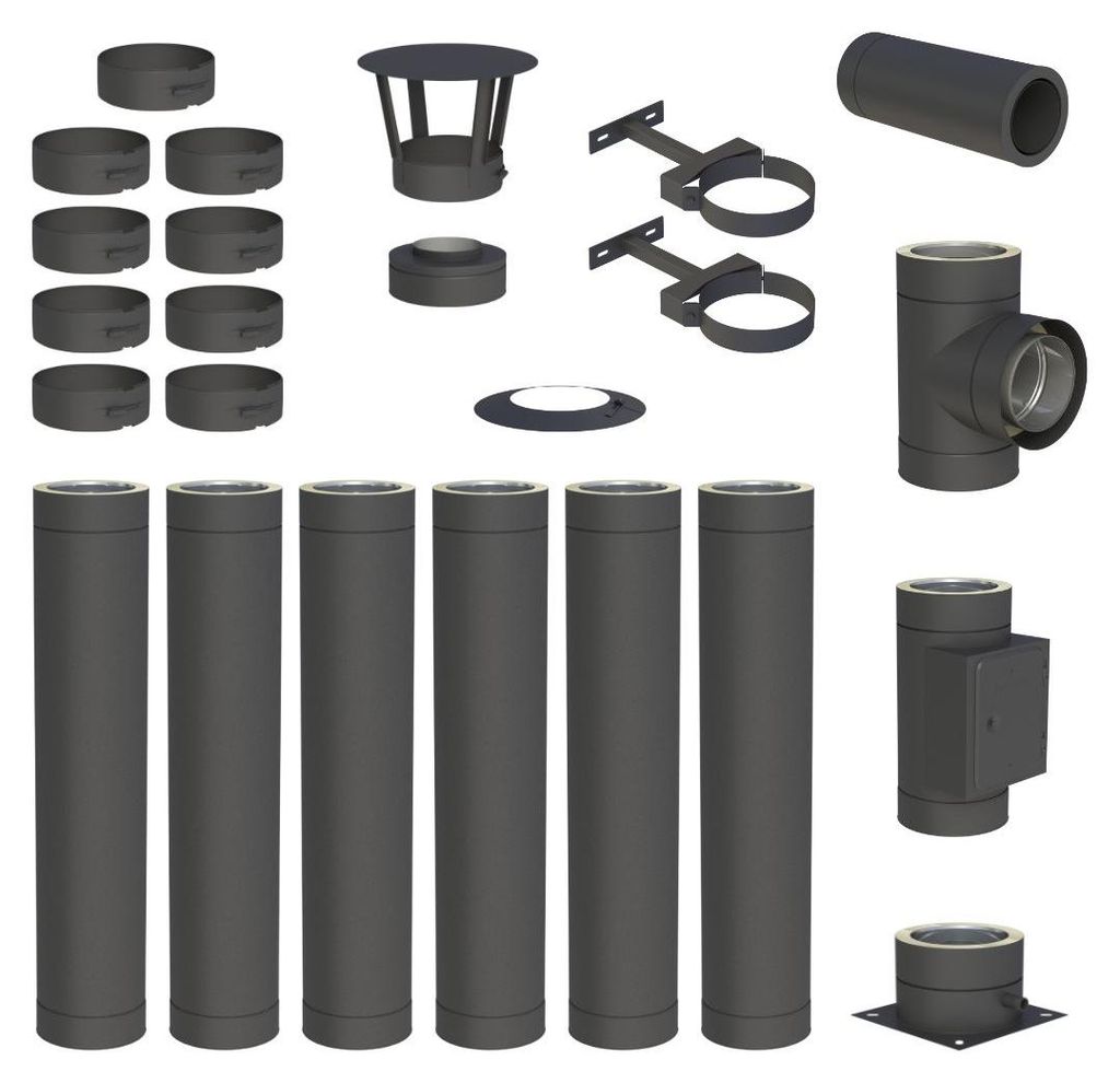 6,7 m Edelstahlschornstein Ø 150 mm Komplettset doppelwandig DW-Black Bodenmontage