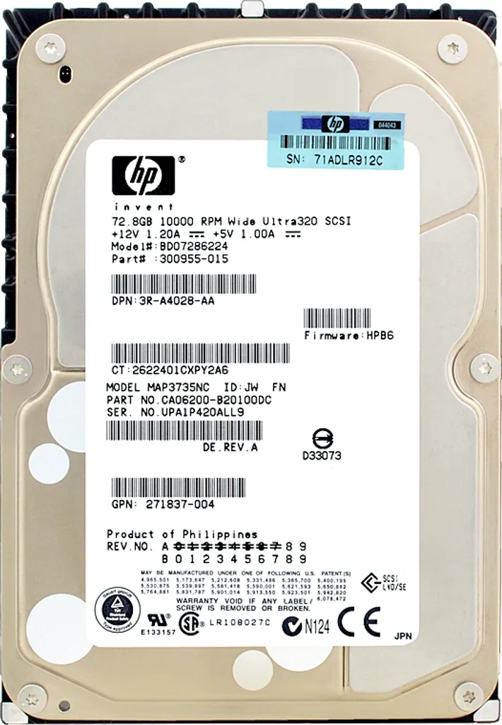 HP BD07286224 72.8GB 10K U320 SCSI 80-PIN Hard Drive 300955-015