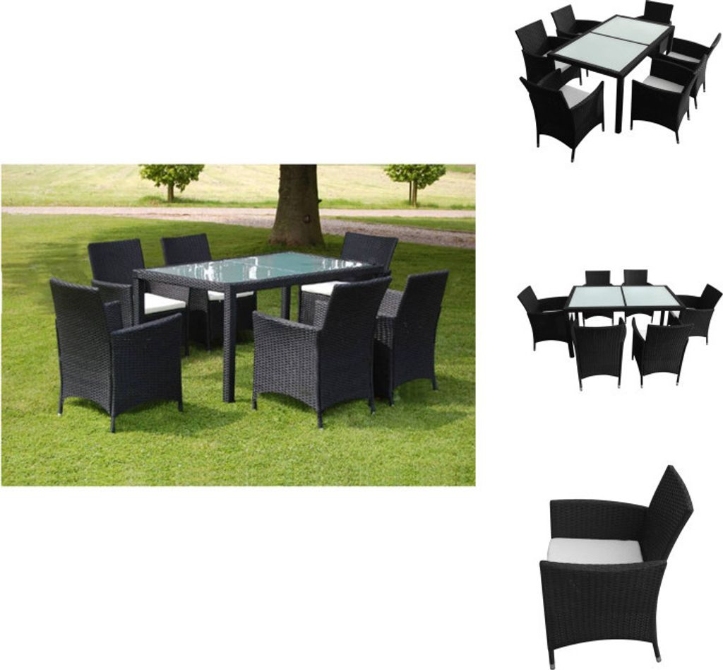 vidaXL 7-tlg. Garten-Essgruppe mit Auflagen Poly Rattan Schwarz - Gartenmöbel-Sets