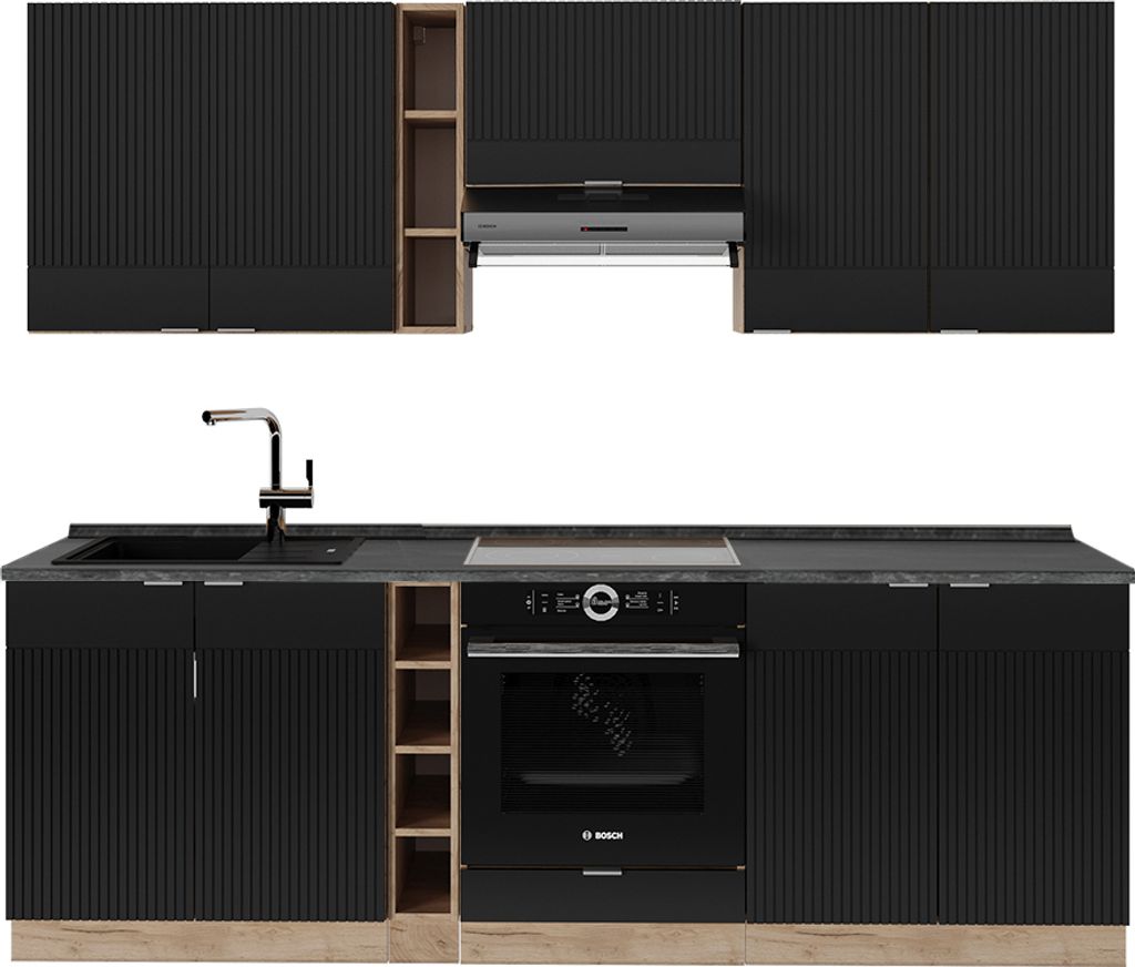 Küchenzeile Vicco Fame-Line Schwarz gestreift/Goldkraft Eiche 235 cm , AP Anthrazit, Model 51040