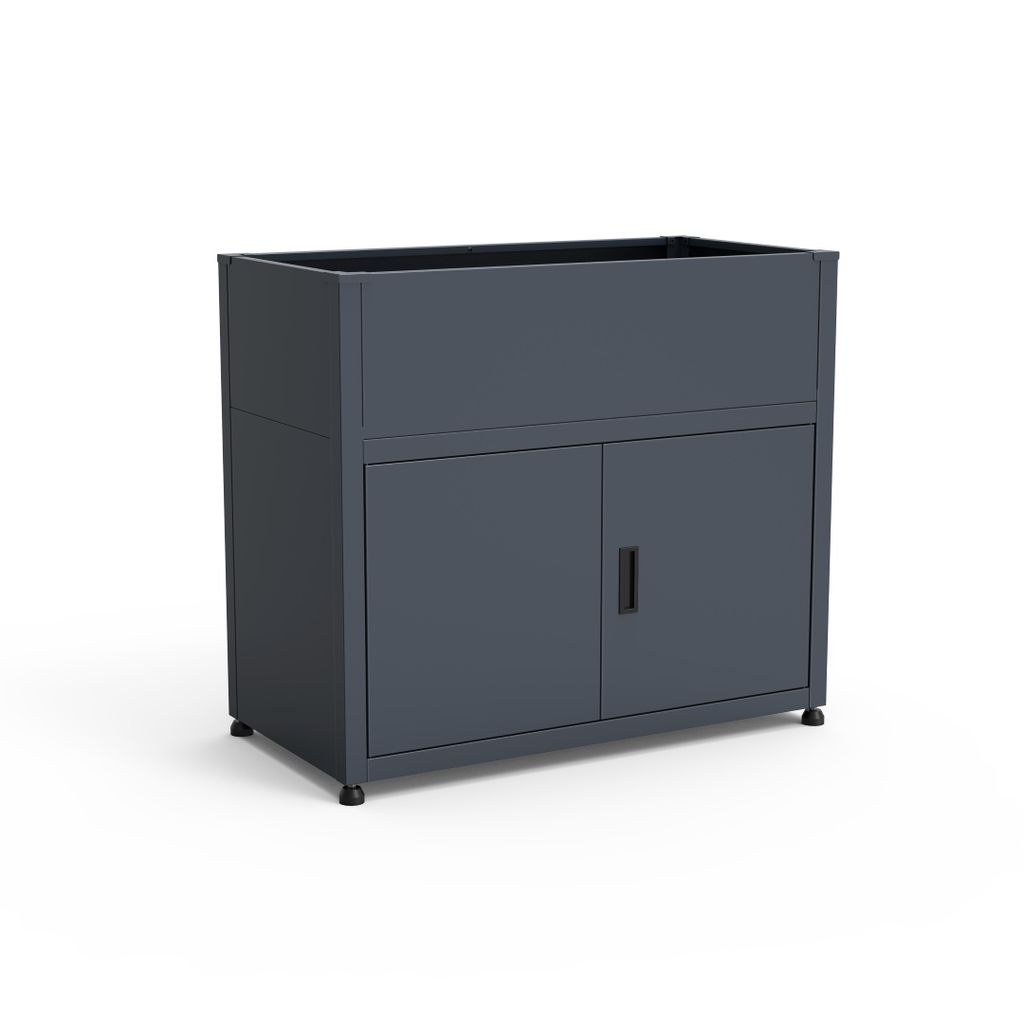 A dark gray metal cabinet with two doors and a handle on the right door, shown from a slightly elevated front-left angle on a white background.