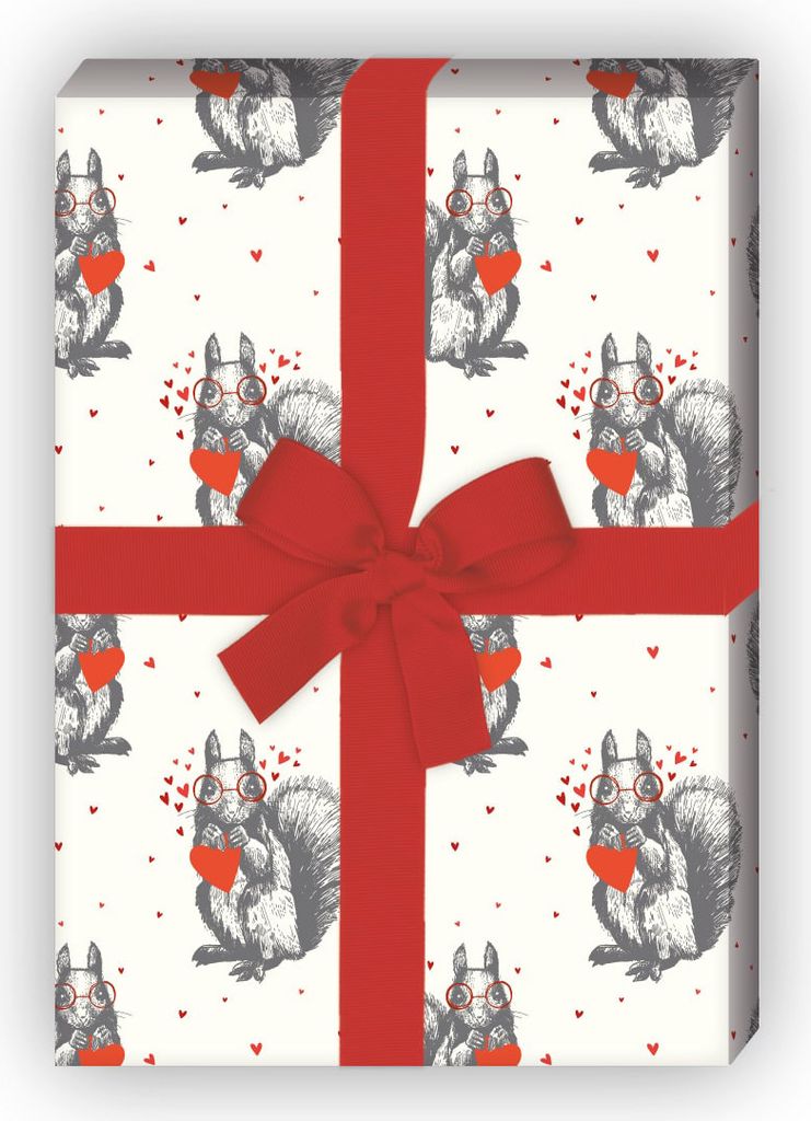 Romantische Winter Geschenkpapier mit Eichhörnchen und Herzen, Geburtstag - G12362, 32 x 48cm