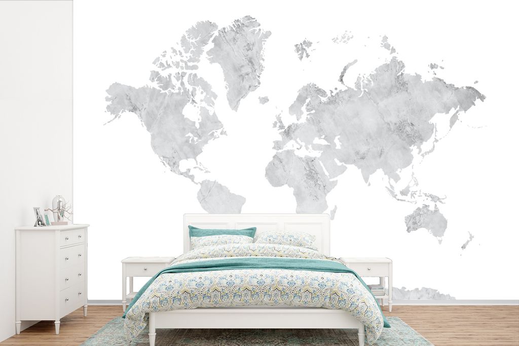 MuchoWow Fototapete für Wohnzimmer oder Schlafzimmer Wandtapete Vinyl Motivtapete Weltkarte - Grau - Marmor - 450x300 cm - Gemusterte