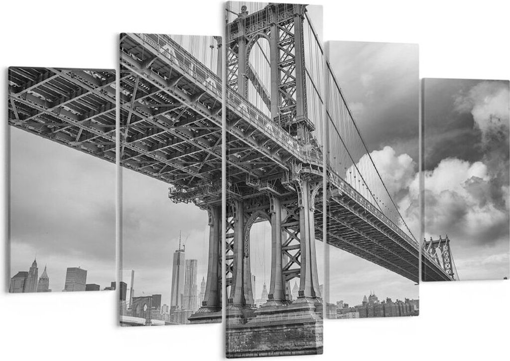 Bild auf Leinwand - Leinwandbild - 5 Teile - Manhattan Brücke Schwarzweiß - 150x100cm - Wand Bild - Wanddeko - Wandbilder - Leinwanddruck - Bilde...