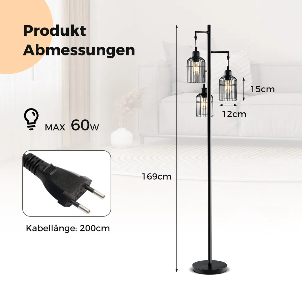 COSTWAY Lampada da Terra 169cm Moderna 3 Luci Nera | Design Industriale - 3