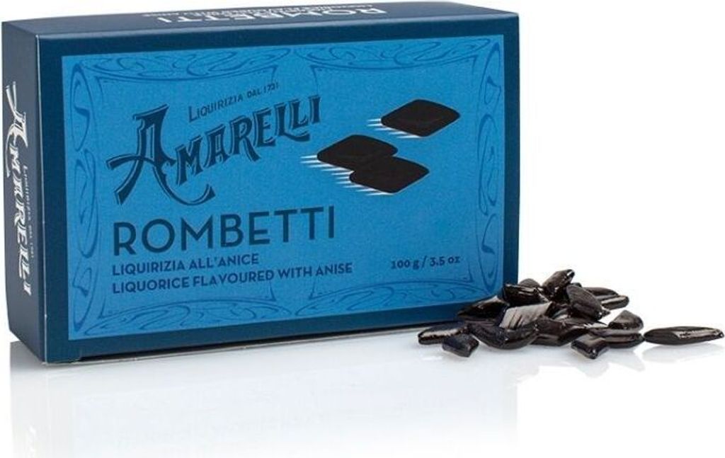 Amarelli Rombetti all'Anice, Hartes Lakritz mit Anis, Box, Produktbild 