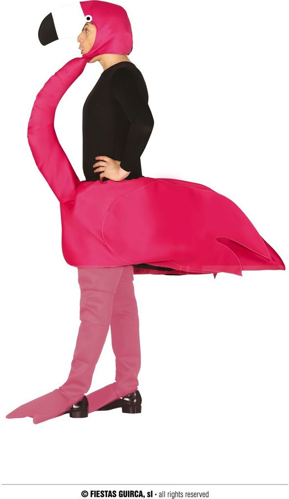 A person wearing a flamingo costume.