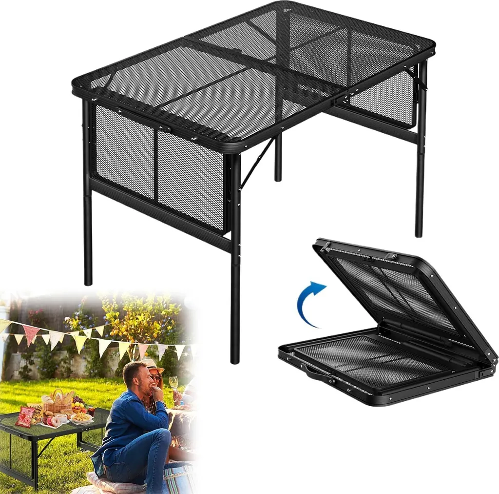 Sessamen-LP Table de camping pliante 90x60cm en métal grillagé noir