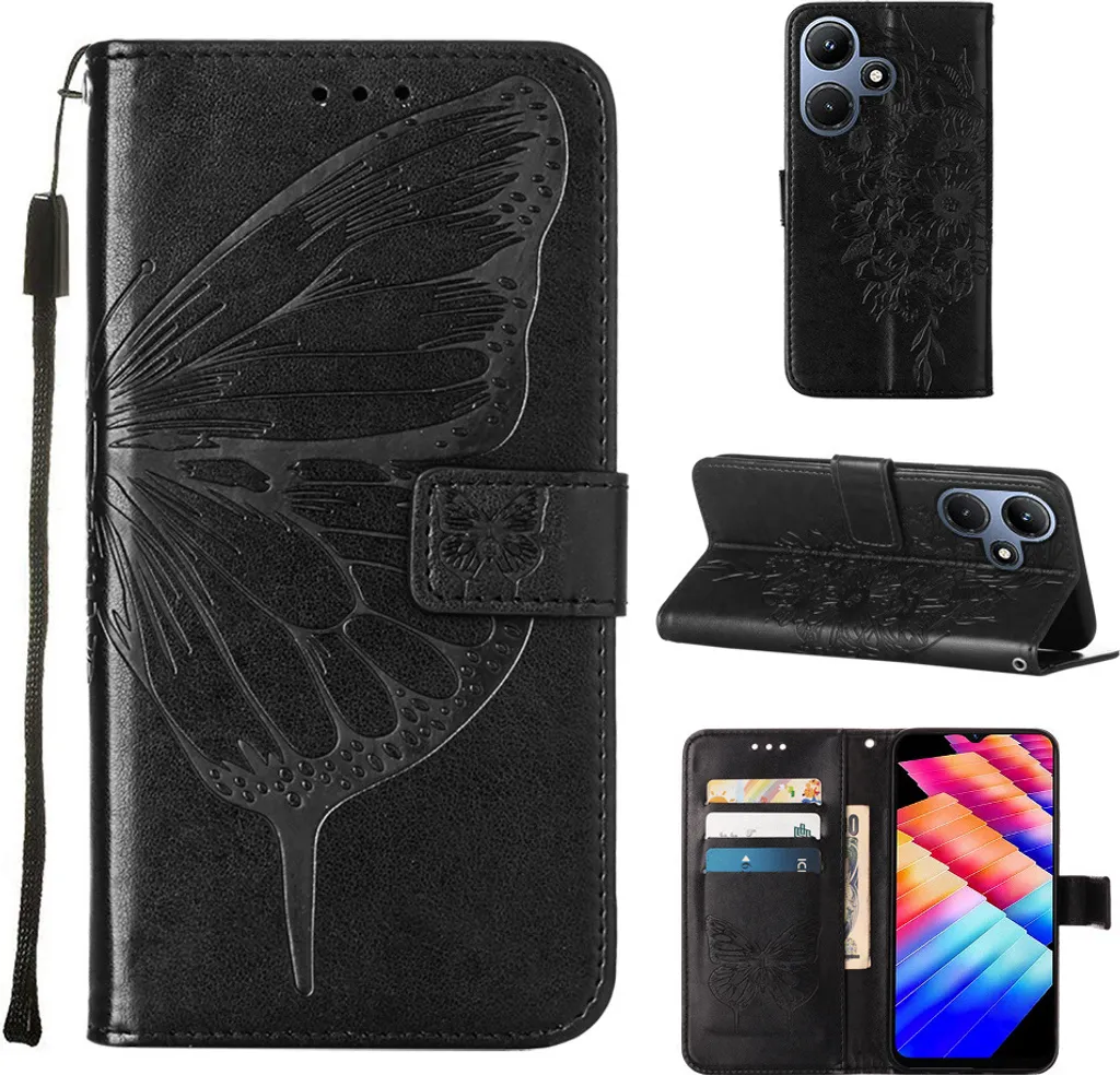 Custodia Infinix Hot 30i X669 Wallet Cover Pelle Farfalla Nero