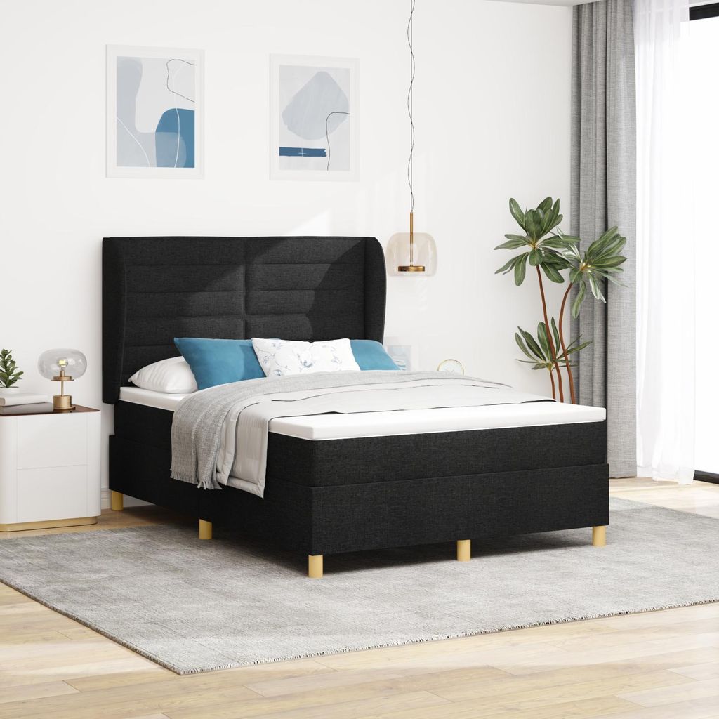 Möbel Polsterbett Boxspringbett mit Matratze Schwarz 140x200 cm Stoff - Bettrahmen - Klassische Betten Neu202539585