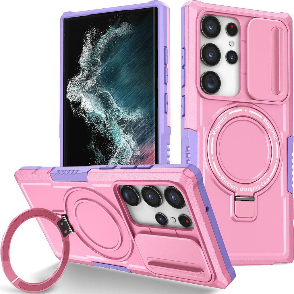Handyhülle für Samsung Galaxy S22 Ultra 5G Kompatibel mit MagSafe, Robuste Hülle mit Schiebe Kamera Schutz, Magnetischer Ringständer Pink