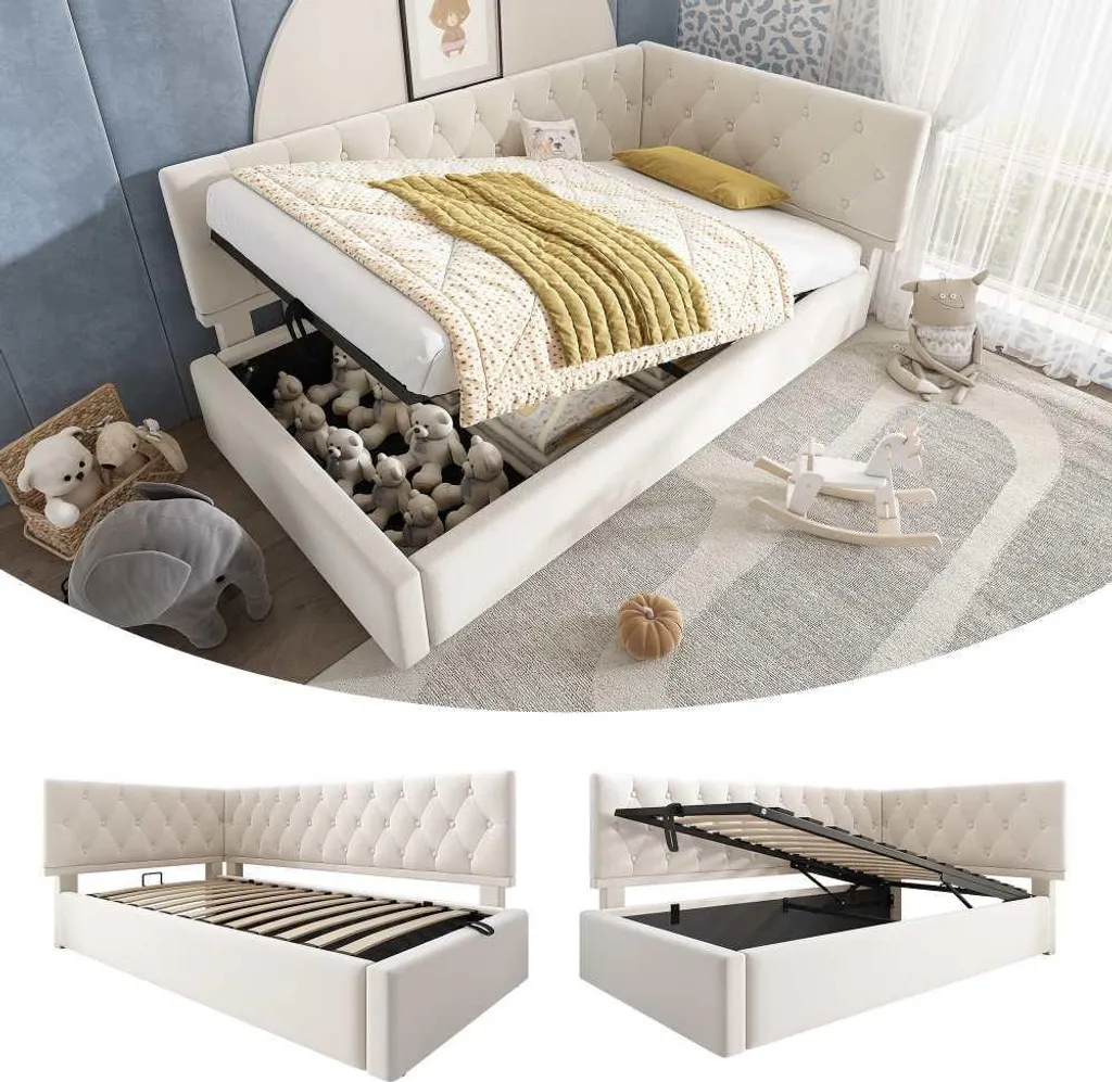 Lit de jour 90x200 en velours beige : la solution gain de place et déco