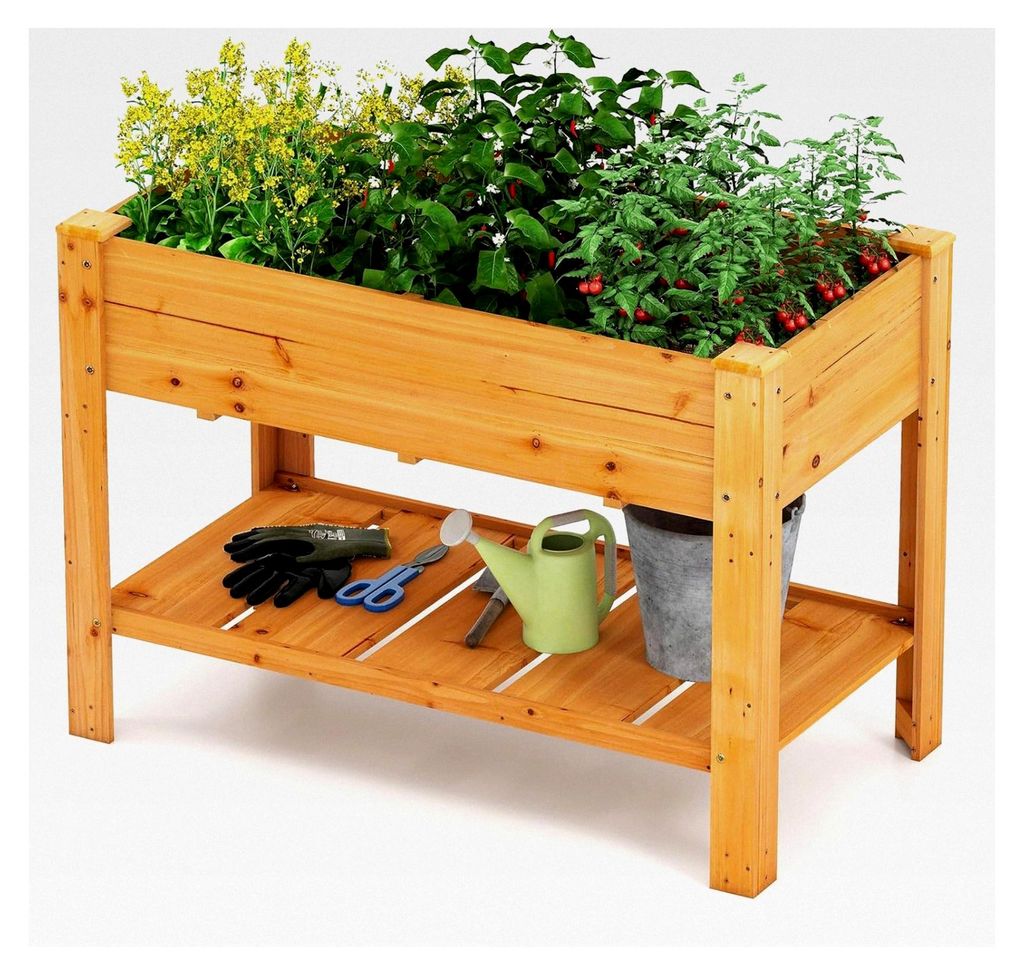 Hochbeet mit Ablage aus Tannenholz, Pflanzkasten mit Abflussloch, erhöhtes Gartenbeet für Garten, Balkon, Terrasse (Rötlichbraun, 120x60x81cm)