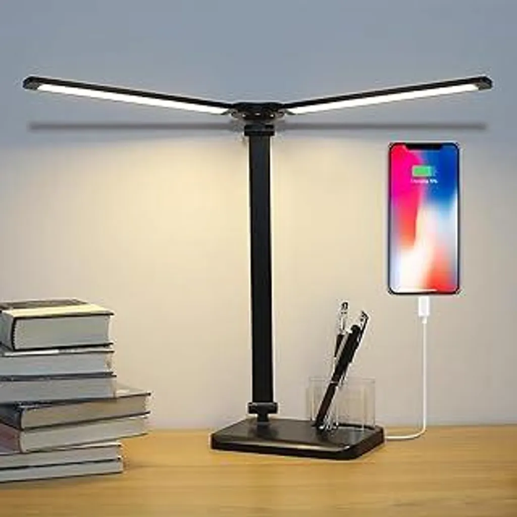 Lampada da scrivania LED iVict Dual Swing Arm, 5 modalità di controllo touch della luminosità, luce da scrivania con timer di spegnimento automatico di 45 minuti, porta di ricarica USB, funzione di memoria, lampade da scrivania per bambini - 1