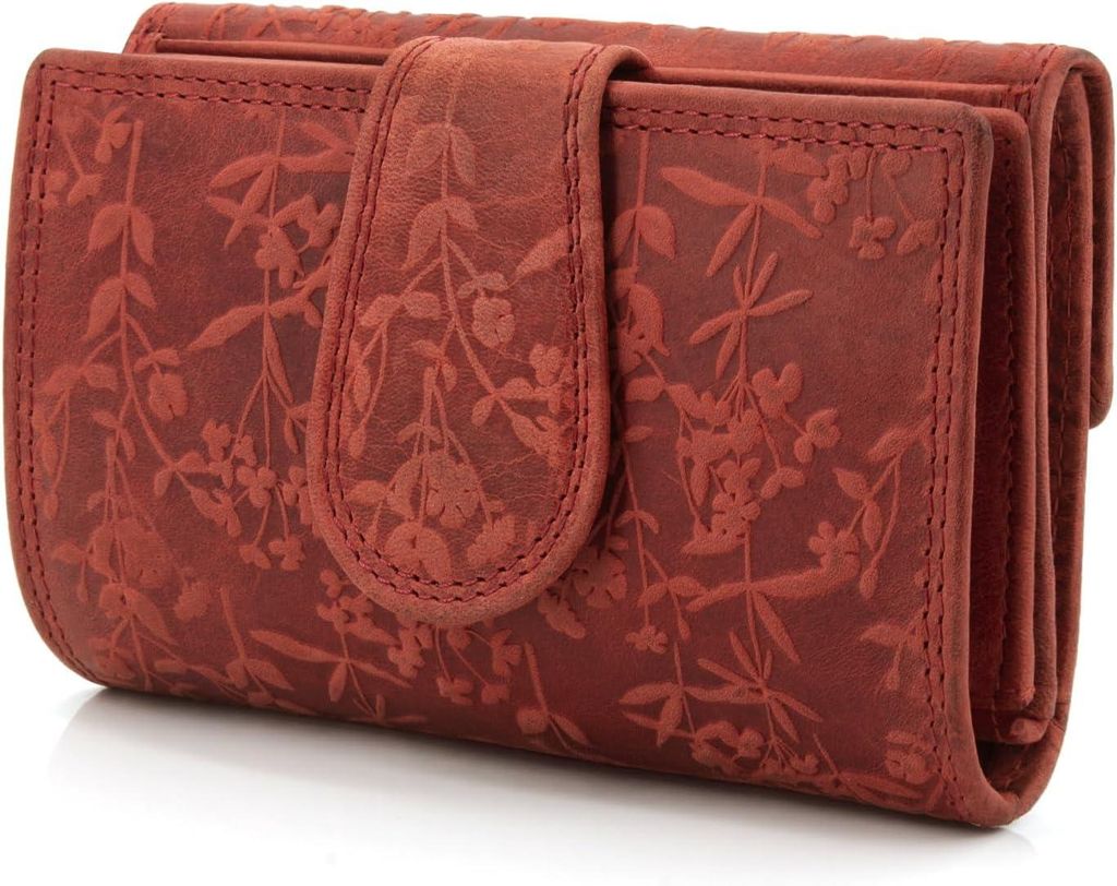 Damen Portemonnaie aus Leder mit elegantem Blütenmuster, mittelgroße Geldbörse mit Riegelverschluss & RFID-Schutz für stilvolle & sichere Aufbe...