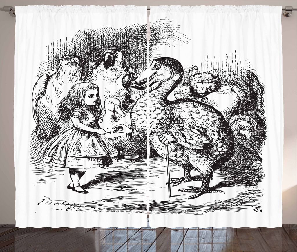 ABAKUHAUS Alice Rustikaler Gardine, Alice und der Dodo-Skizze, Schlafzimmer Kräuselband Vorhang mit Schlaufen und Haken, 280 x 245 cm, Weiß und S...