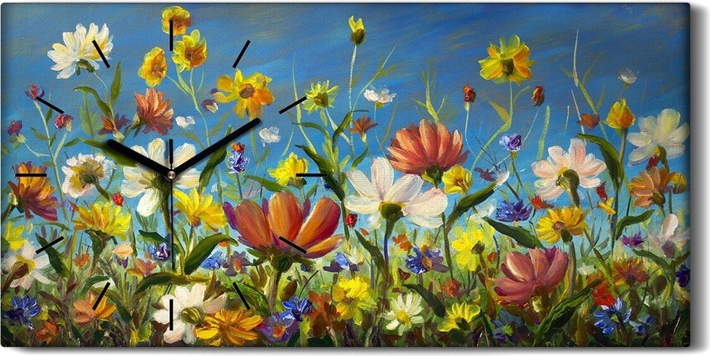 Wandbild Leinwand Bilder Wanduhr Geräuschlos 60x30 Ölgemälde Blumen wiese - schwarze Hände