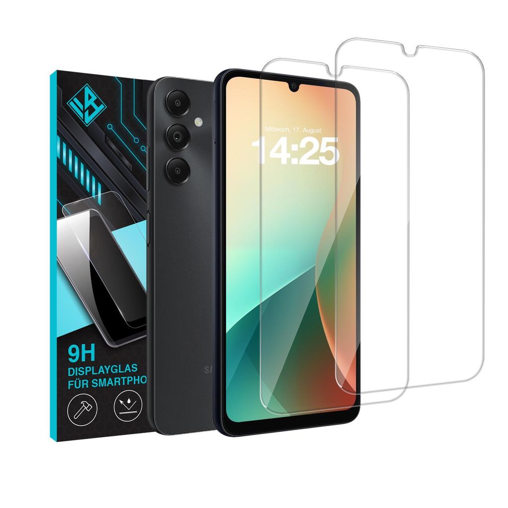A smartphone and two screen protectors are displayed against a white background, with packaging on the left.