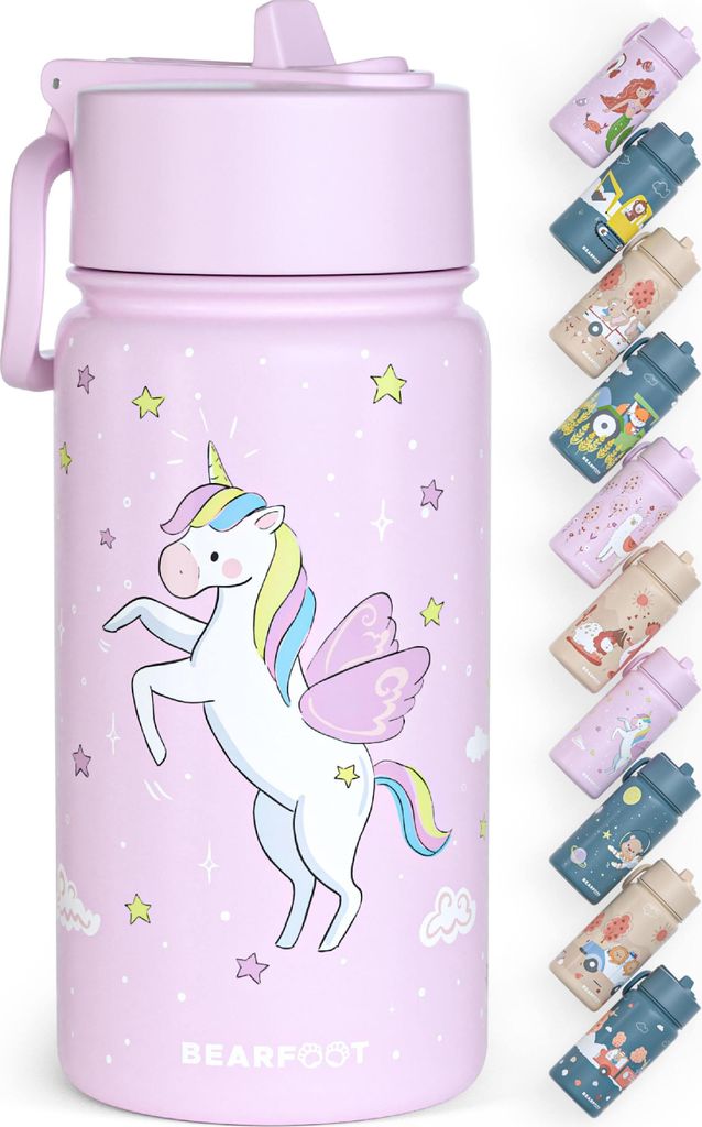 Trinkflasche Kinder Edelstahl mit Strohhalm, Thermosflasche 400ml - BPA frei, auslaufsicher, Kleinkinder, Mädchen & Jungen Wasserflasche-Einhorn lila