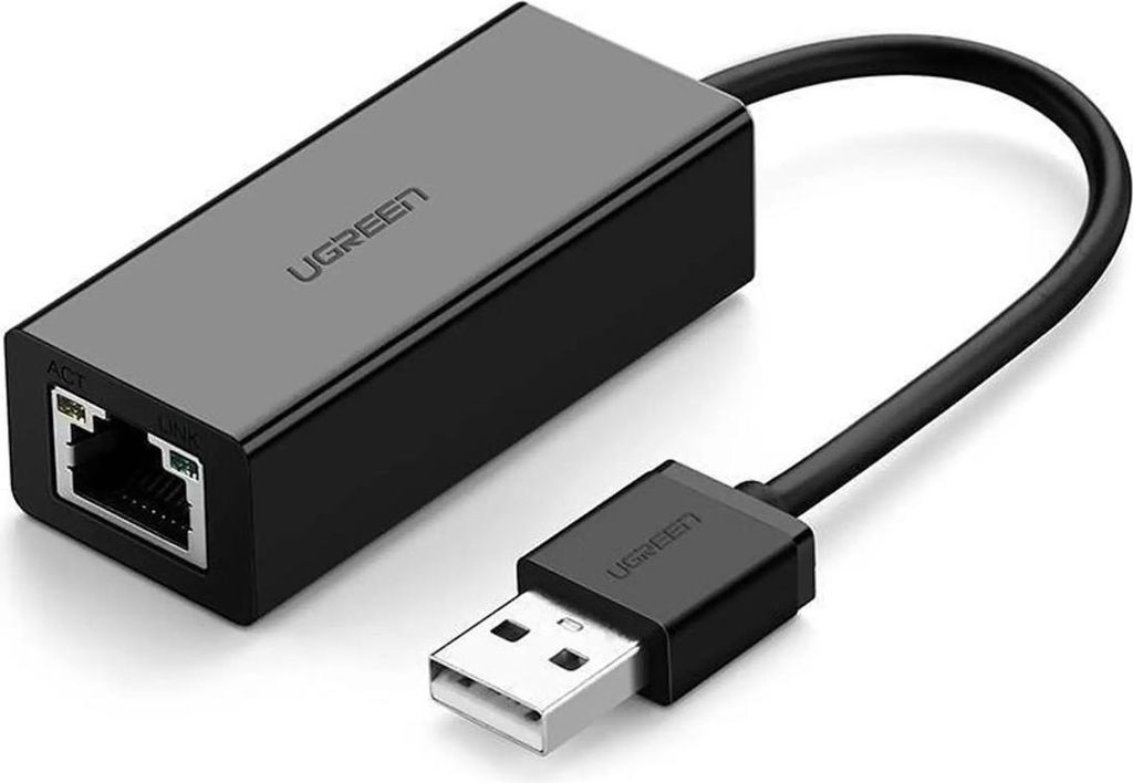 A black USB to Ethernet adapter is shown on a white background.