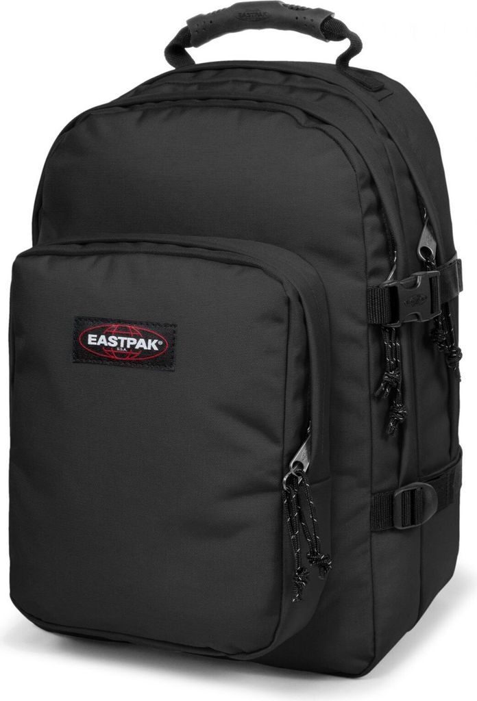 A black Eastpak backpack is shown from a diagonal front view against a white background.