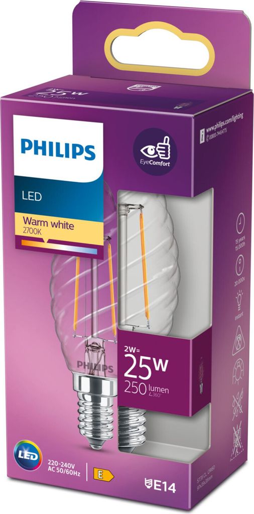Philips LED Filament Leuchtmittel Kerze 2W = 25W E14 klar Produktbild 