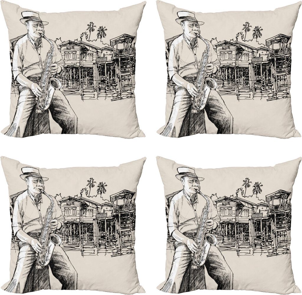 ABAKUHAUS Jazz Musik Kissenbezug Set (4 Stück), River Bank Palmen, Moderner Doppelseitiger Digitaldruck, 45 cm x 45 cm, beige Schwarz