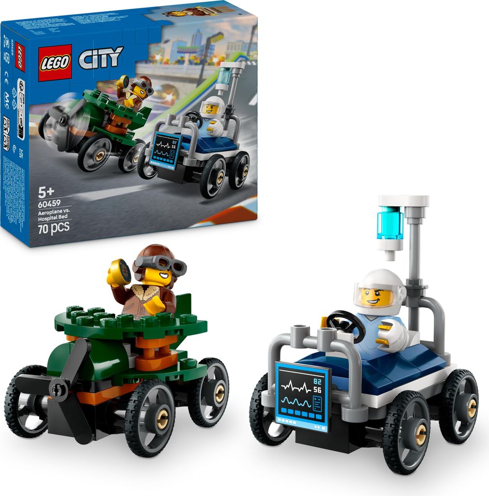 LEGO City Flugzeug vs. Krankenhausbett Rennwagen Set - Seifenkisten Spielzeug für Jungen und Mädchen ab 5 Jahren - Bauset mit 2 Minifiguren - Ges...