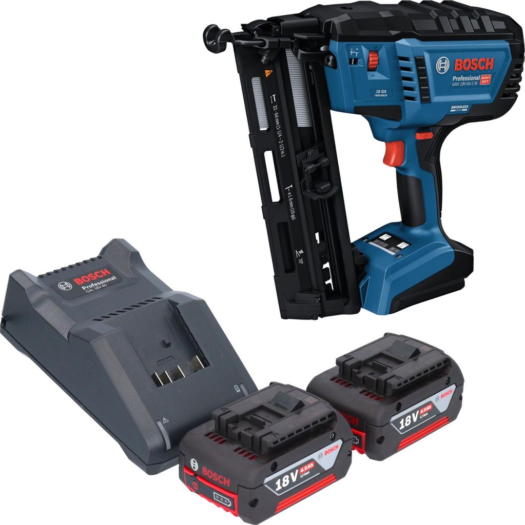 Bosch GNH 18V-64-2 M Professional Akku Holznagler 18 V 1,6 x 32 - 64 mm + 2x Akku 4,0 Ah + Ladegerät